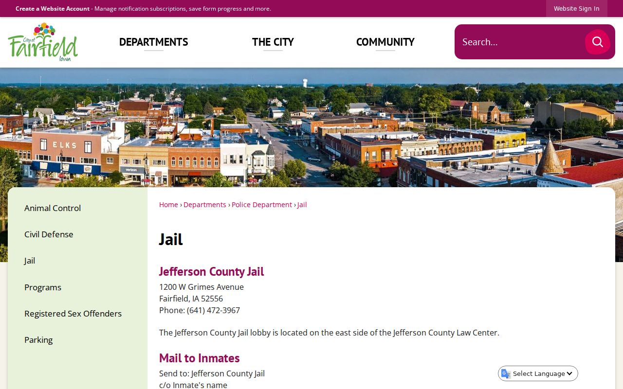 Official Fairfield jail page with east-lobby contact information