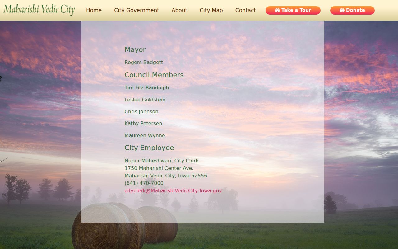 Official Maharishi Vedic City officers page with city clerk contact
